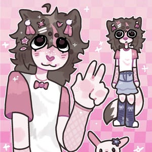 Puede incluir: Ilustración digital de un personaje de dibujos animados con cabello castaño, acentos rosados y una camisa blanca. El personaje lleva una falda vaquera y mangas de red. También se muestra una versión más pequeña del personaje y un conejito sobre un fondo rosa a cuadros.