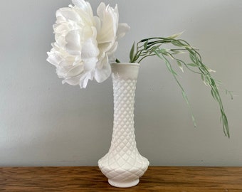 Vintage Milk Glass Vase | Large Bud Vase| Diamond Cut Pattern| Rustic Farmhouse Vase
