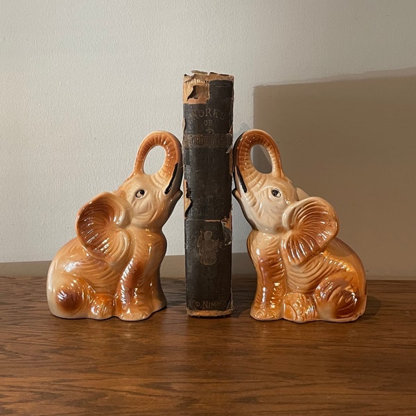 Vintage Pair of Elephant Bookends | Boho Iridescent Lustreware Sculptures | Pair of Book Ends