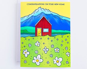Red Cabin Congratulations New Home Greeting Card. House warming. House. Gift for House Warming. Stationery. Mountains.