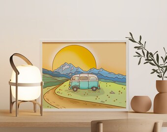 Camper Van Sunset 8"x10" Art Print. Poster. Mountain Art. Gallery Wall. Art For Your Home.
