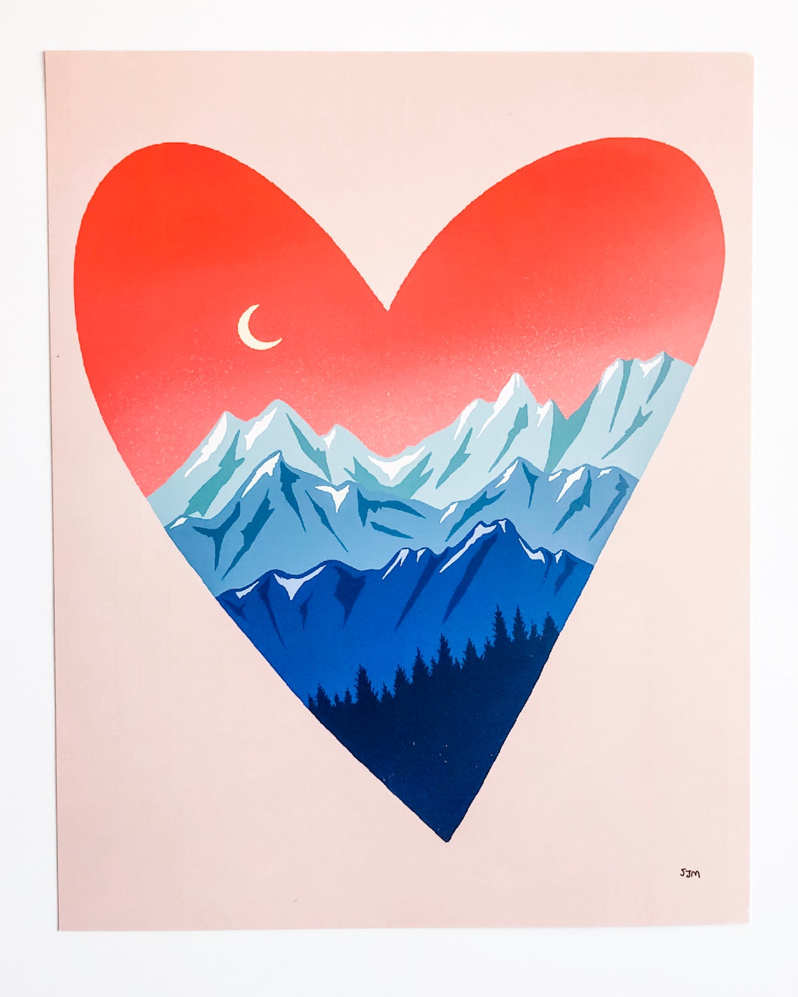 Mountain Love Art Print. Mountains. Heart. Pink. Art Poster. Etsy