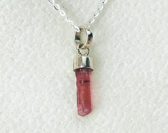 Raw Pink Tourmaline Pendant: Sterling Silver Crystal Necklace