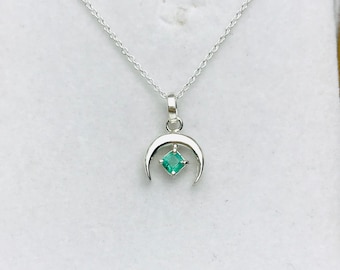 Green emerald pendant necklace- crescent moon pendant - silver necklace emerald - natural emerald - raw emerald necklace- May brithstone
