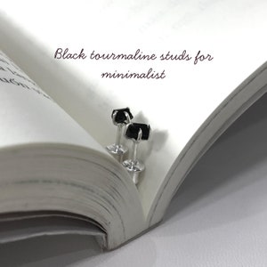 Tiny black tourmaline studs earrings - black stone studs-  push back earrings - sterling silver- September stone- gift for her