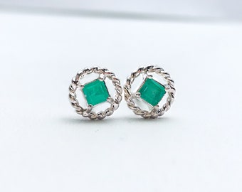 Emerald studs earrings - green stone studs-  push back earrings - emerald sterling silver- May birthstone- gift for her