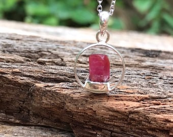 Raw Ruby Pendant: Sterling Silver Pink Crystal, July Birthstone
