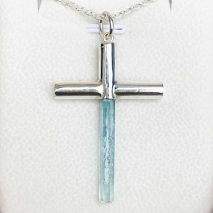 Cross pendant- catholic jewelry- aquamarine pendant