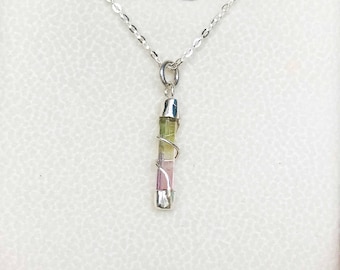 Bicolor Tourmaline Pendant: Raw Crystal, Sterling Silver Necklace