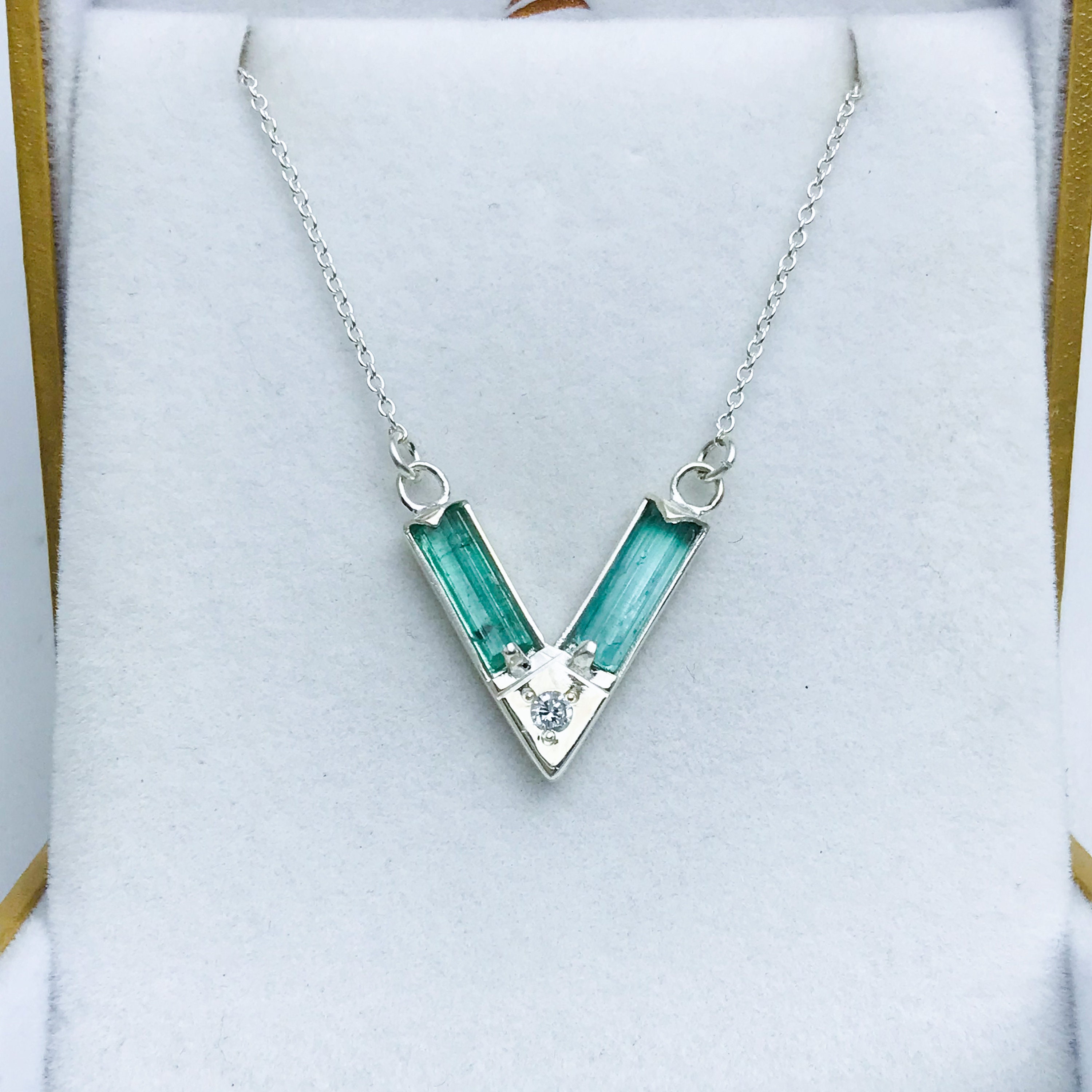 Green Tourmaline Sterling Silver V Necklace - Aquamarine Choker