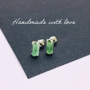 Raw Green Tourmaline Stud Earrings: Sterling Silver September Stone