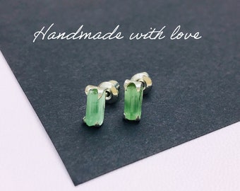 Raw Green Tourmaline Stud Earrings: Sterling Silver September Stone