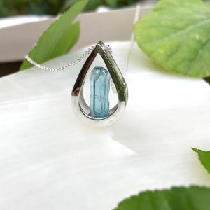 Raw Aquamarine Crystal Pendant Necklace: Sterling Silver Teardrop, March Birthstone