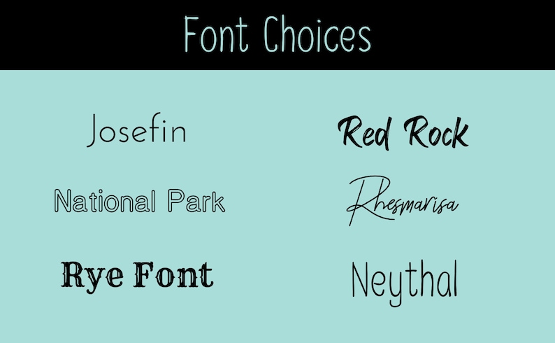 K&ouml;nnte beinhalten: Eine Grafik mit verschiedenen Schriftarten. Die Schriftarten sind "Josefin", "National Park", "Rye Font", "Red Rock", "Rhesmarisa" und "Neythal".