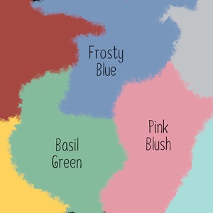 Op de afbeelding: Een kleurenkaart met tien verschillende verfkleuren. De kleuren zijn: Roest Rood, Zonnebloem Geel, Basilicum Groen, Frosty Blauw, Roze Blush, Koel Grijs, Zeeschuim Blauw.
