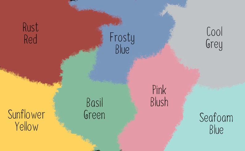 Op de afbeelding: Een kleurenkaart met tien verschillende verfkleuren. De kleuren zijn: Roest Rood, Zonnebloem Geel, Basilicum Groen, Frosty Blauw, Roze Blush, Koel Grijs, Zeeschuim Blauw.