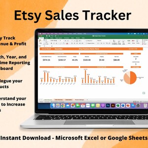 Può includere: Uno schermo di computer portatile che mostra un foglio di calcolo con grafici e diagrammi. Il foglio di calcolo è intitolato "Etsy Sales Tracker" e include dati su entrate, profitti e vendite. Il testo sullo schermo dice "Easily Track Revenue & Profit", "Month, Year, and Lifetime Reporting Dashboard", "Catalogue your Products", "Understand your Data to Increase Sales", "Instant Download - Microsoft Excel or Google Sheets".
