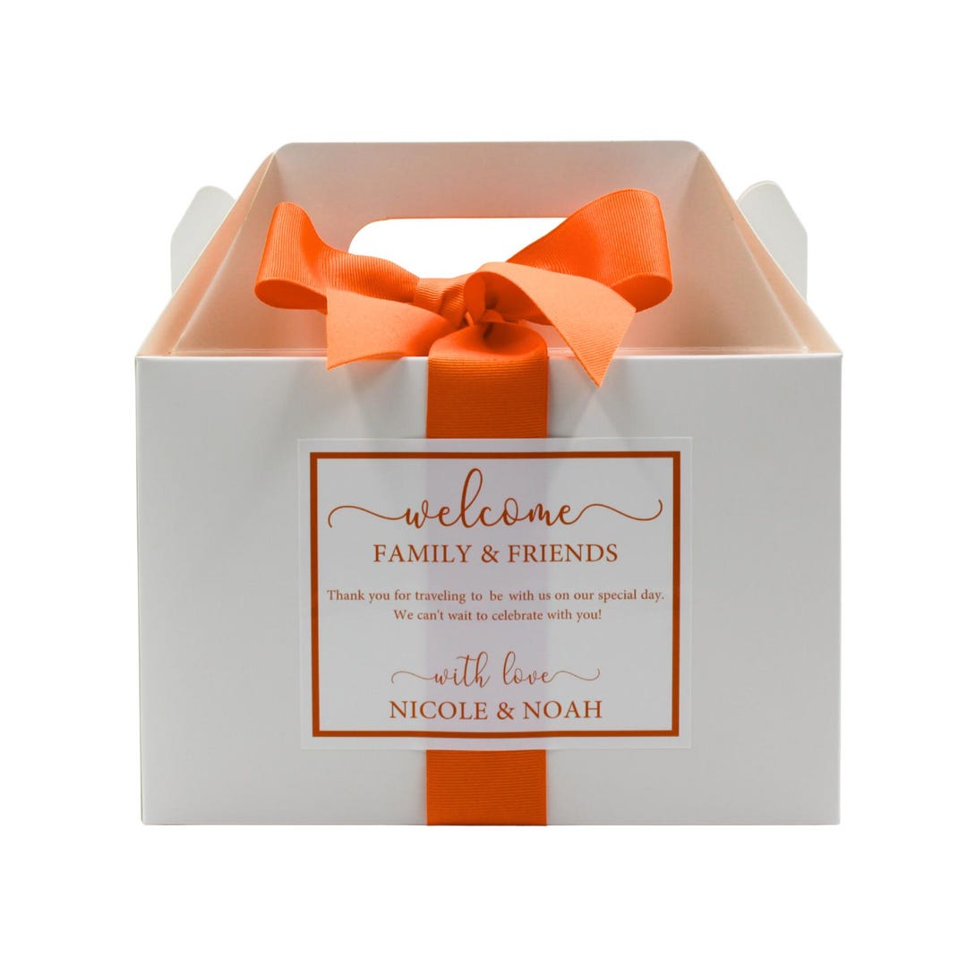 Wedding Welcome Boxes for Hotel Guests - Personalized Labels & Ribbon ...
