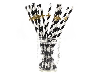 Fleur-de-lis papieren rietjes: zwart, goud en wit feestdecor