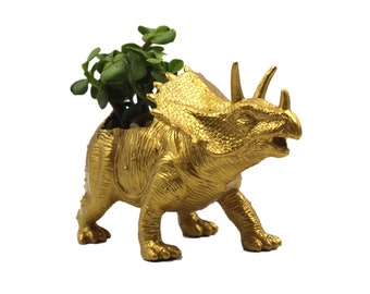 Gold Styracosaurus Dinosaur Succulent Planter, Gift for Dinosaur Lover, Dino Planter, Dinosaur Decor, Dinosaur Plants, Dino Office Decor
