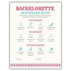 May include: A printable bachelorette scavenger hunt game with a pink and teal color scheme. The game includes a list of challenges with points assigned to each. The challenges include getting a free drink, taking a selfie with a bachelor party, and singing karaoke.