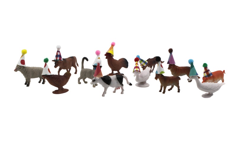 Mini Partyhüte, Party Tier Cupcake Toppers, Gastgeschenke, Bauernhof Tier Partyhüte, Bauernhof Motto Party, Kinder Geburtstag Dekor, Schwein, Kuh Cupcake Bild 7