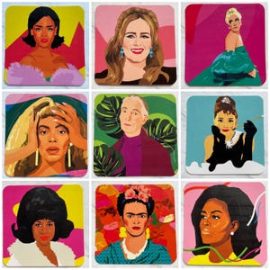 May include: Nine square coasters featuring colorful portraits of famous women. The portraits include a variety of styles and colors, with subjects like singers, actresses, and activists. Each coaster has a unique background color and design.