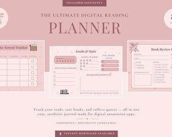 Pode incluir: Planejador de leitura digital com uma estética rosa suave. O planejador inclui um rastreador de livro para tela, uma seção de metas e estatísticas e um registro de revisão de livros. O texto inclui "The Ultimate Digital Reading Planner".