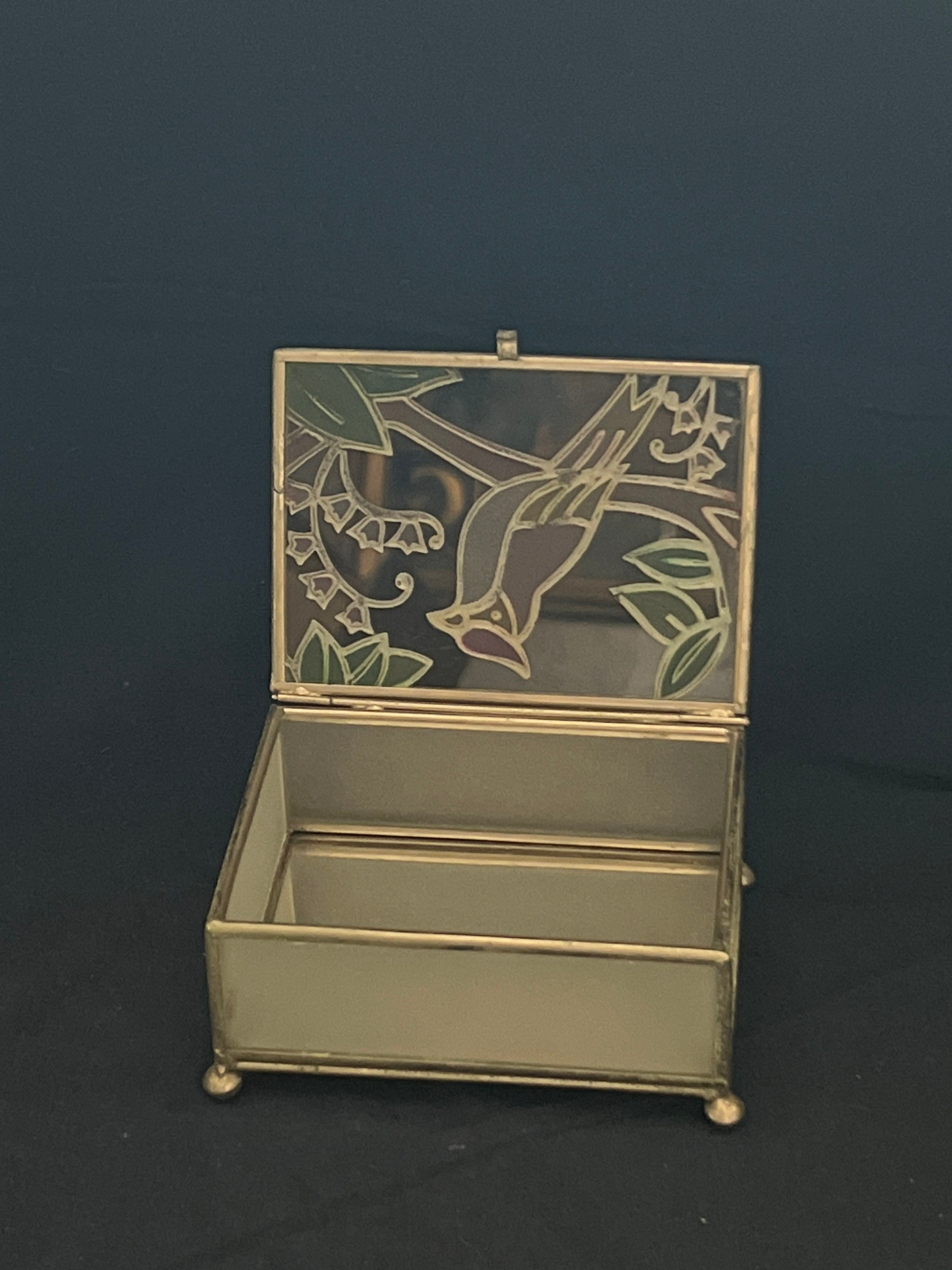Vintage Stained Glass Pastel Parrot Flowers Hinged Mirrored Trinket ...