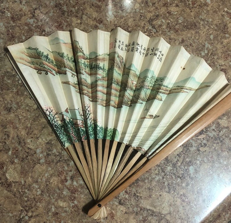 1960S Oriental Paper Bamboo Fan