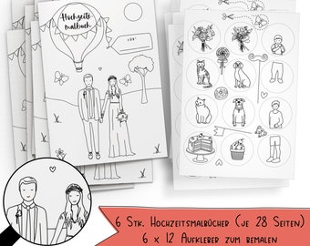 Set of 6: wedding coloring book with different bridal couple designs and paintable stickers! Ideal children's activity at your wedding (C+K)