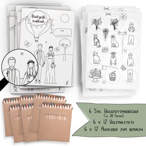 Set of 6: Wedding coloring book with various bridal couple designs and paintable stickers! Incl. pens and 12 stickers each. (C+K with pens)