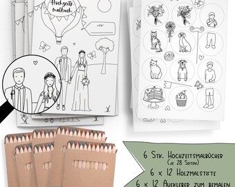 Set van 6: Bruiloft kleurboek met diverse bruidspaar ontwerpen en overschilderbare stickers! Incl. pennen en elk 12 stickers. (C+K met pennen)