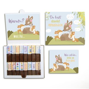Aufkleber-Set & Banderole für Merci Schokolade mit vorgedruckten Aufklebern, ohne Schokolade, Inkl. 2 Glückwunschkarten (Reh)