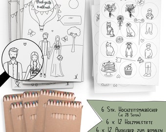 Lot de 6 livres de coloriage de mariage avec différents motifs de couples de mariés et autocollants à peindre ! Comprend des stylos et 12 autocollants chacun. (K+W avec épingles)