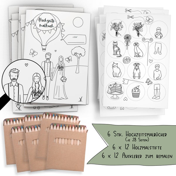 Set of 6: wedding coloring book with different bridal couple designs and paintable stickers! Includes pens and 12 stickers each. (K+W with pins)