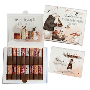 Aufkleber-Set & Banderole für Merci Schokolade mit vorgedruckten Aufklebern für Weihnachten | Inkl. 2 Karten (Weihnachtstiere)