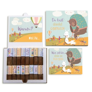 Aufkleber-Set & Banderole für Merci Schokolade mit vorgedruckten Aufklebern, ohne Schokolade, Inkl. 2 Glückwunschkarten (Bär)