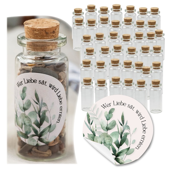 40 Stück Mini Glasflaschen 12 ml, Fläschchen mit Korken, Aufkleber Eukalyptus2 190105, Geschenk für Hochzeit Gastgeschenk Taufe Kommunion