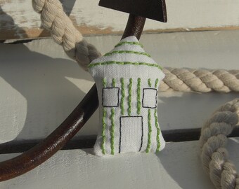 Beach Hut Brooch, Embroidered Lime Green Seaside Beach Hut Brooch.