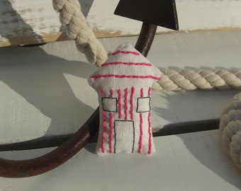 Beach Hut Brooch, Embroidered Pink Seaside Beach Hut Brooch.