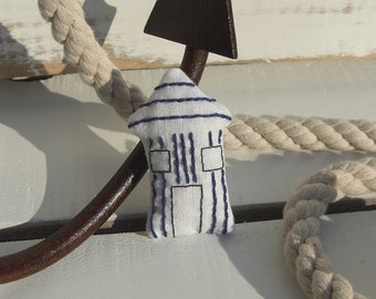 Beach Hut Brooch, Embroidered Royal Blue Seaside Beach Hut Brooch.