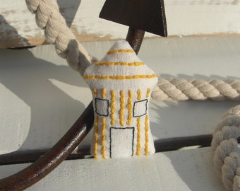 Beach Hut Brooch, Embroidered Yellow Seaside Beach Hut Brooch.