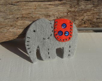 Orange Elephant Brooch, Handstitched Indian Elephant Sequined Pin Badge.