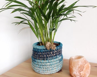 Rope Plant Pot Cover, Blue Crochet Storage Basket, Boho Planter.