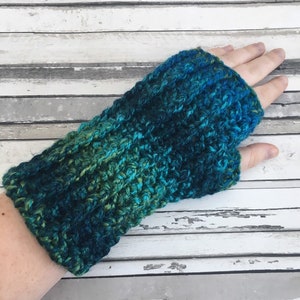 Crochet Fingerless Mittens, Teal Cosy Arm Warmers, Wrist Warmers, Womens Striped Gloves.