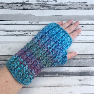 Crochet Fingerless Mittens, Blue Cosy Arm Warmers, Wrist Warmers, Womens Striped Gloves.