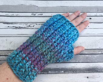 Crochet Fingerless Mittens, Blue Cosy Arm Warmers, Wrist Warmers, Womens Striped Gloves.