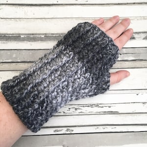 Crochet Fingerless Mittens, Black and Grey Cosy Arm Warmers, Wrist Warmers, Womens Striped Gloves.