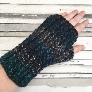 Crochet Fingerless Mittens, Black and Teal Cosy Arm Warmers, Wrist Warmers, Womens Striped Gloves.
